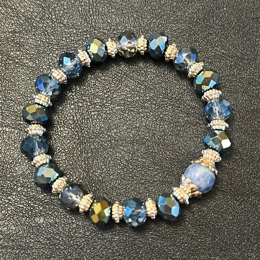 AB Faceted Crystal With Gold-tone Spacer & Natural Stone Bead Stretch Bracelet